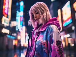 woman in futuristic clothes enjoys leisurely stroll through neon city streets AI Generative photo