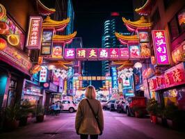 woman in futuristic clothes enjoys leisurely stroll through neon city streets AI Generative photo