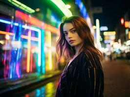 woman in futuristic clothes enjoys leisurely stroll through neon city streets AI Generative photo