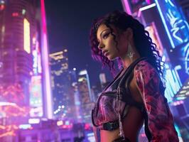 woman in futuristic clothes enjoys leisurely stroll through neon city streets AI Generative photo