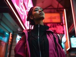 woman in futuristic clothes enjoys leisurely stroll through neon city streets AI Generative photo