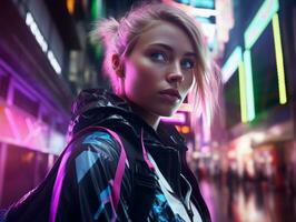 woman in futuristic clothes enjoys leisurely stroll through neon city streets AI Generative photo