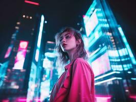 woman in futuristic clothes enjoys leisurely stroll through neon city streets AI Generative photo