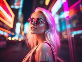 woman in futuristic clothes enjoys leisurely stroll through neon city streets AI Generative photo