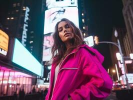 woman in futuristic clothes enjoys leisurely stroll through neon city streets AI Generative photo