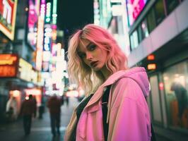 woman in futuristic clothes enjoys leisurely stroll through neon city streets AI Generative photo