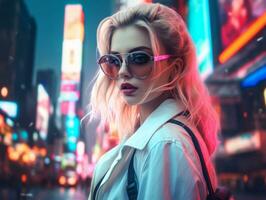 woman in futuristic clothes enjoys leisurely stroll through neon city streets AI Generative photo