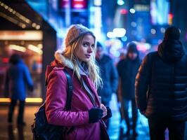 woman in futuristic clothes enjoys leisurely stroll through neon city streets AI Generative photo