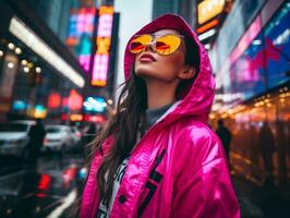 woman in futuristic clothes enjoys leisurely stroll through neon city streets AI Generative photo