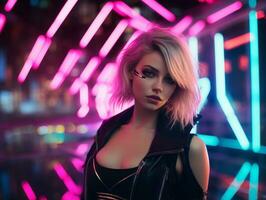 woman in futuristic clothes enjoys leisurely stroll through neon city streets AI Generative photo