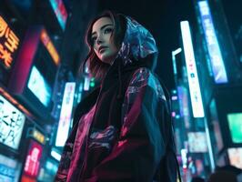 woman in futuristic clothes enjoys leisurely stroll through neon city streets AI Generative photo