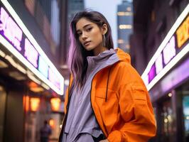 woman in futuristic clothes enjoys leisurely stroll through neon city streets AI Generative photo