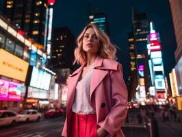 woman in futuristic clothes enjoys leisurely stroll through neon city streets AI Generative photo