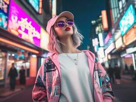 woman in futuristic clothes enjoys leisurely stroll through neon city streets AI Generative photo