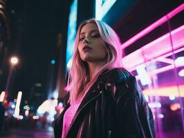 woman in futuristic clothes enjoys leisurely stroll through neon city streets AI Generative photo