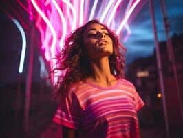 woman in futuristic clothes enjoys leisurely stroll through neon city streets AI Generative photo