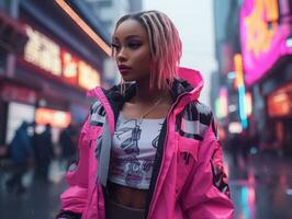 woman in futuristic clothes enjoys leisurely stroll through neon city streets AI Generative photo