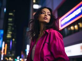 woman in futuristic clothes enjoys leisurely stroll through neon city streets AI Generative photo