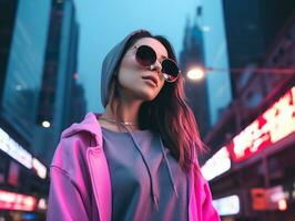 woman in futuristic clothes enjoys leisurely stroll through neon city streets AI Generative photo