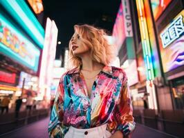 woman in futuristic clothes enjoys leisurely stroll through neon city streets AI Generative photo