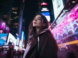 woman in futuristic clothes enjoys leisurely stroll through neon city streets AI Generative photo