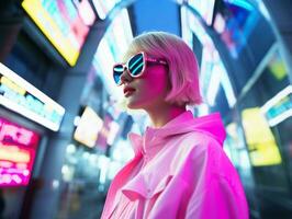 woman in futuristic clothes enjoys leisurely stroll through neon city streets AI Generative photo
