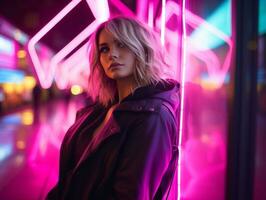 woman in futuristic clothes enjoys leisurely stroll through neon city streets AI Generative photo