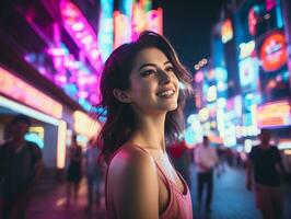 woman in futuristic clothes enjoys leisurely stroll through neon city streets AI Generative photo