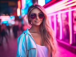 woman in futuristic clothes enjoys leisurely stroll through neon city streets AI Generative photo