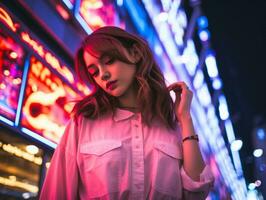 woman in futuristic clothes enjoys leisurely stroll through neon city streets AI Generative photo