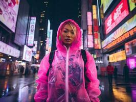 woman in futuristic clothes enjoys leisurely stroll through neon city streets AI Generative photo