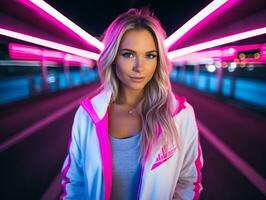 woman in futuristic clothes enjoys leisurely stroll through neon city streets AI Generative photo