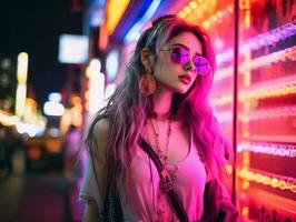 woman in futuristic clothes enjoys leisurely stroll through neon city streets AI Generative photo