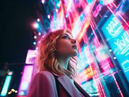 woman in futuristic clothes enjoys leisurely stroll through neon city streets AI Generative photo