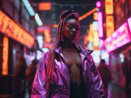 woman in futuristic clothes enjoys leisurely stroll through neon city streets AI Generative photo