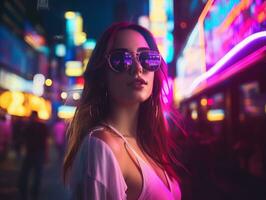 woman in futuristic clothes enjoys leisurely stroll through neon city streets AI Generative photo