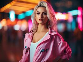 woman in futuristic clothes enjoys leisurely stroll through neon city streets AI Generative photo