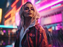 woman in futuristic clothes enjoys leisurely stroll through neon city streets AI Generative photo