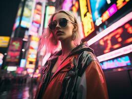 woman in futuristic clothes enjoys leisurely stroll through neon city streets AI Generative photo