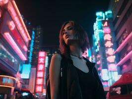 woman in futuristic clothes enjoys leisurely stroll through neon city streets AI Generative photo