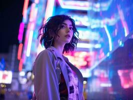 woman in futuristic clothes enjoys leisurely stroll through neon city streets AI Generative photo