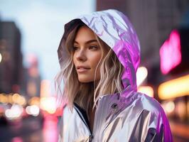 woman in futuristic clothes enjoys leisurely stroll through neon city streets AI Generative photo