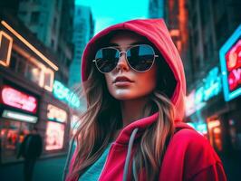 woman in futuristic clothes enjoys leisurely stroll through neon city streets AI Generative photo