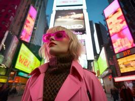 woman in futuristic clothes enjoys leisurely stroll through neon city streets AI Generative photo