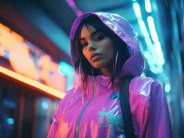 woman in futuristic clothes enjoys leisurely stroll through neon city streets AI Generative photo