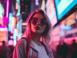mujer en futurista ropa disfruta sin prisa paseo mediante neón ciudad calles ai generativo foto