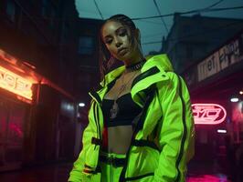 woman in futuristic clothes enjoys leisurely stroll through neon city streets AI Generative photo