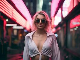 woman in futuristic clothes enjoys leisurely stroll through neon city streets AI Generative photo