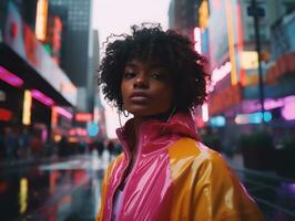 woman in futuristic clothes enjoys leisurely stroll through neon city streets AI Generative photo