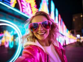 woman in futuristic clothes enjoys leisurely stroll through neon city streets AI Generative photo